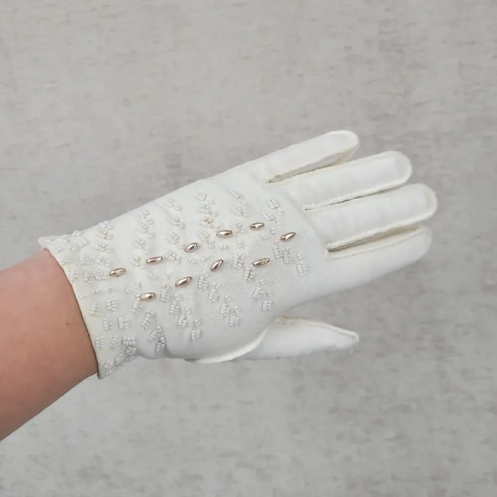 Vintage 50s English Cotton Beaded Evening Dress Formal Gloves